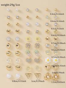 30 pares de pendientes de perla falsa de metal y resina con diseños de corazón, oso, rhinestone y margarita. Conjunto de pendientes de moda casual para mujer