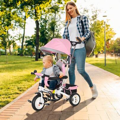 QABA Toddler Tricycle, 6 In 1 Baby Bike Stroller With Foldable Canopy, Storage Basket, 5-Point Safety Harness, Kids Trike For 1-5 Years Old, Pink