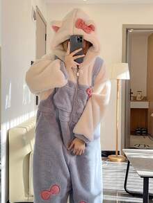 Bata de mujer con diseño lindo de gato de peluche, pijama con lazo azul y blanco de gato, bata de baño suave de peluche con diseño de dibujos animados, bata con capucha de manga larga forrada térmicamente para mujer con detalles de lazo rosa, ropa de dormir cálida para primavera/invierno con bolsillos, ropa de dormir linda, ropa de estar en casa cómoda, diseño juguetón, textura suave, ropa de casa de invierno de mujer de manga larga con talla grande, artículos esenciales de invierno, perfecta para Año Nuevo - Multicolor - Ver 8