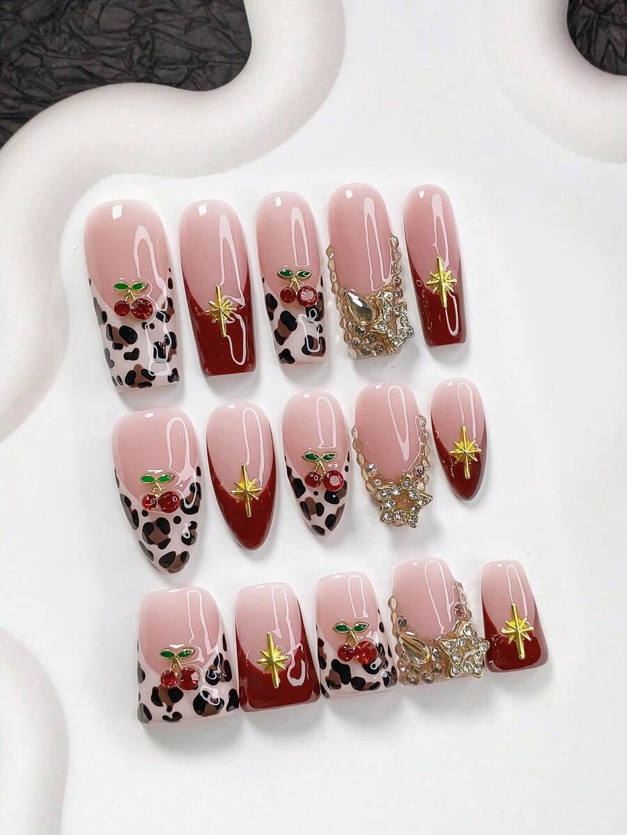 10pcs Handmade Leopard Print French Manicure Set, Autumn/Winter Press-On Nail Strips, Medium-Long Almond Shape Nail Stickers, Square Nails, Duck Billed Nails, Shiny Rhinestone False Nails, 3D Cherry, Hexagram, Star Nail Decorations, Includes Tool Kit, Suitable For Women And Girls, Party, Everyday Wear - Nhiều màu - Xem 1