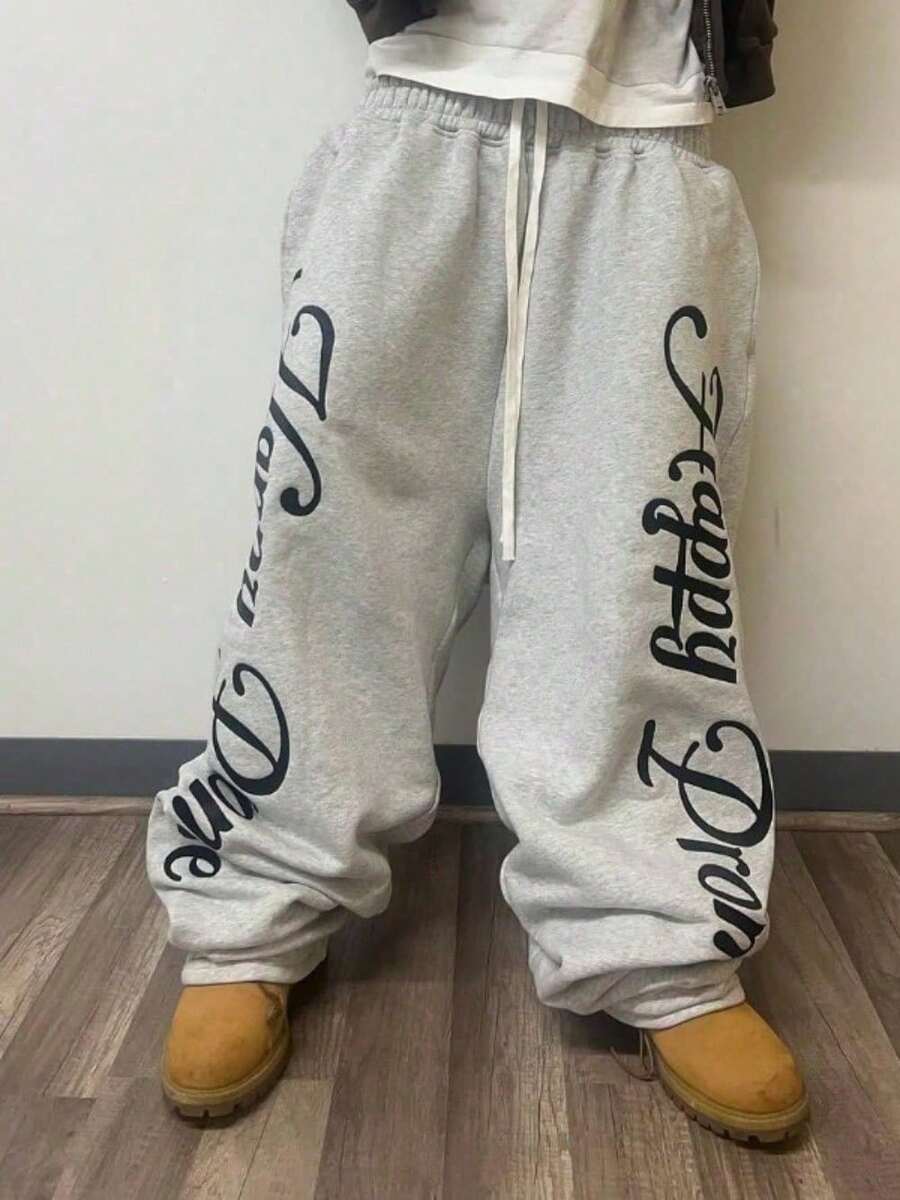 Men's Streetwear Printed Straight-Leg Pants Hip-Hop Fashion Casual Trousers Retro Loose-Fit Athletic Pants - 黑色 - 查看 1