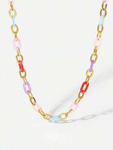 Frminee 1pc Summer Women's Dopamine Color Charm 18k Gold Plated Stainless Steel Necklace, Summer Beach Style Necklace For Women, Bohemian Jewelry Accessories - Colorful - 查看 2