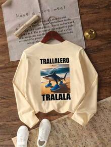 Tween Boy“Italian Brainrot-Trala Lero Tralala”图案长袖T恤，秋冬上衣 - 杏色 - 查看 3