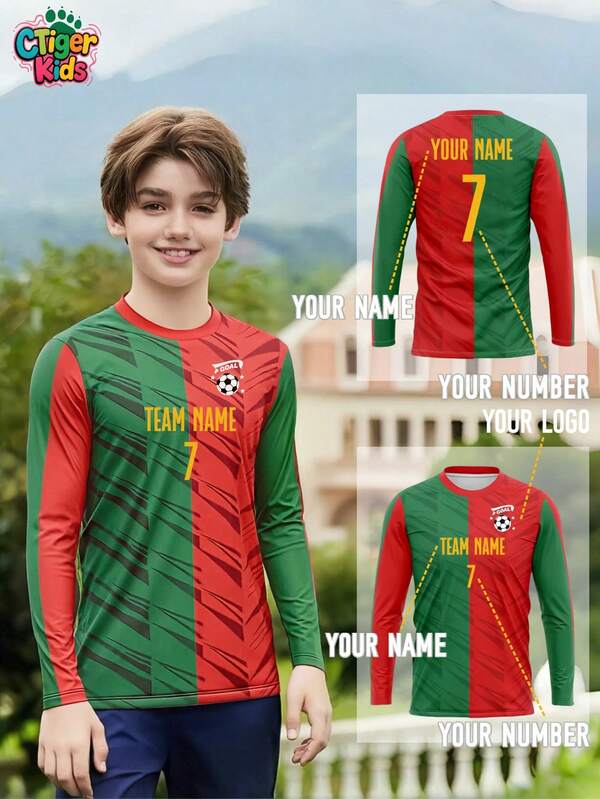 1 Stück Kinder Fußball Langarm Trikot in Grün & Rot - Personalisierter Name & Nummer Druck (Vorder-/Rückseite), schnelltrocknend und atmungsaktiv - inspiriert für Fußball, Volleyball, Basketball, Lässig Bekleidung, Halloween, Thanksgiving, Weihnachten und Neujahr Geschenke