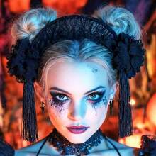 Gothic Lolita Headband Black Halloween Headpieces Red Rose Flower Hair Bands Masquerade Cosplay Party Hair Accessory