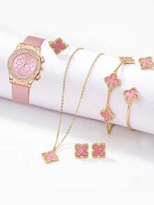 7pcs, Ladies' Watch, Modern Minimalist Luxury Diamond Studded Quartz Watch, Pu Strap, Paired With Pink Floral Bracelet Set, Including Bracelet, Ring, Necklace, Earrings, Watch Bracelet Set, Suitable For Daily Wear, A Birthday Gift For Friends