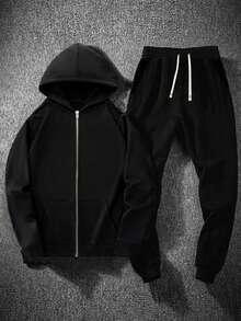 2pcs/Set Plus Size Men's Fashionable Casual Pocket Hoodie Jacket And Drawstring Pants, Suitable For Outdoor, Street, Daily Wear In Spring, Autumn And Winter - Black - View 2