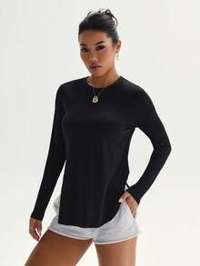 Women's Solid Color Minimalist Curved Hem Sports Yoga Long Sleeve T-Shirt, Autumn/Winter