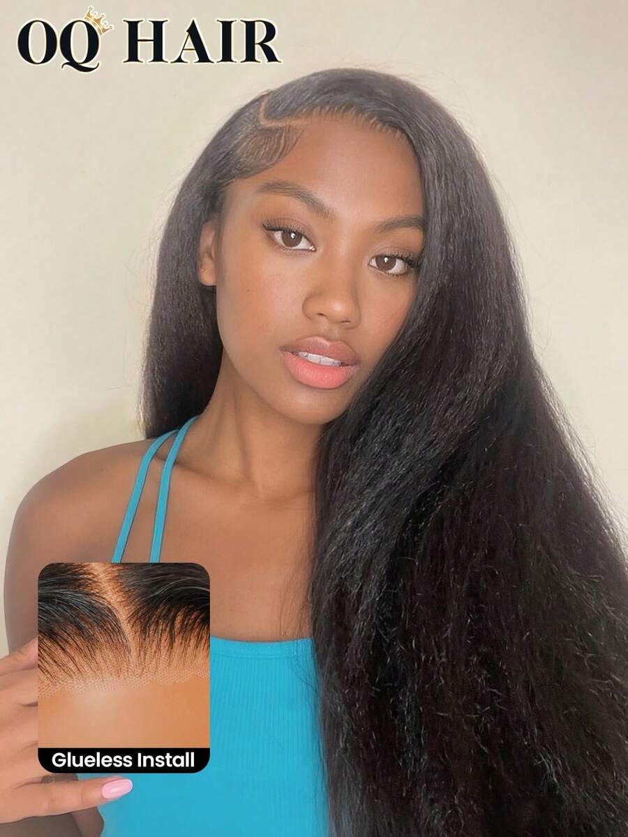 OQ Hair Wear Go Glueless Wig Kinky Straight Natural Color Pre-Cut & Pre-Plucked 9x6 Transparent Lace 180% Density 16-30 Inch Pre-Bleached Free Shipping Unprocessed Real Huamn Hair No Glue Needed - SNatural - View 1