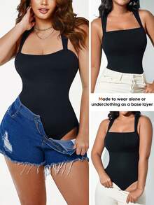 Women's Sexy Ribbed Camisole Crop Top Bodysuit With Square Neckline And Backless Design Black Summer Elegant - Black - View 5