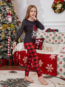 2pcs/Set Girls Christmas Family Matching Snug Fit Pajamas, Fun Letter & Christmas Tree Plaid Print Long Sleeve Top And Pants, Soft & Comfortable Sleepwear Set, Holiday Gift, Party Pajamas, Autumn/Winter