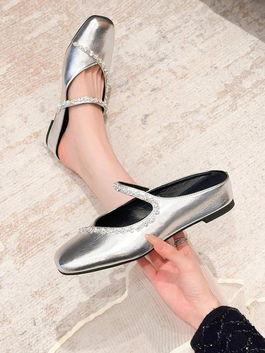 Women's Rhinestone Embellished T-Strap Flat Shoes, Versatile & Commuter-Friendly With Hidden Wedge Heel