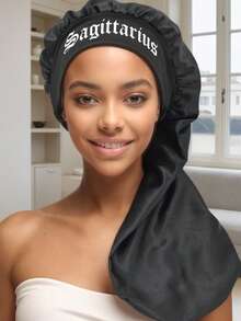 1件装真丝长帽，十二星座印花宽檐贴合长发帽 - 女士缎面睡眠帽，护发配件，柔软面料长帽，贴合帽型。睡眠帽 - 黑色-long bonnet-星座-1pc - 查看 12