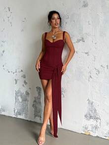 1 件纯色优雅派对蕾丝结拉链肩带连衣裙，适合婚礼、海滩、晚间约会、所有季节 - 酒紅色 - 查看 2