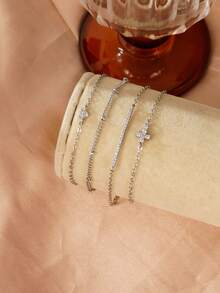 4pcs Fashionable Cubic Zirconia Cross & Heart Decor Multi-Layer Bracelet Set, Women Birthday Party Jewelry Gift (Bead Quantity Random) - Silver - View 2