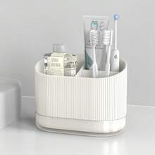 Toothbrush Holders For Bathrooms, Plastic Tooth Brush Holder With Drainage And Drip Tray, Shower Toothpaste Holder Stand Organizer Caddy, Bathroom Accessories Decor - 米白色 - 查看 6