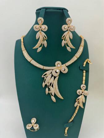 4 st färgglada zirkoniasmycken inklusive halsband, örhängen, ring, armband, helt nitade, lämplig för flickvän, mamma, vardagskläder, bankett, fest, brudklänningsaccessoarer, populär i Europa, Dubai, Saudiarabien, Mellanöstern