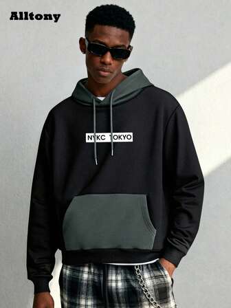 Alltony 男士轻薄字母印花长袖口袋撞色连帽衫，春秋季时尚休闲外套，适合街头、慢跑、旅行、户外、通勤、露营、度假