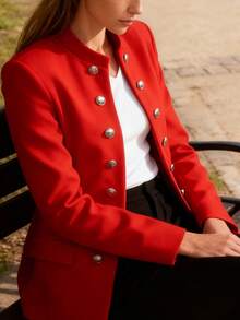 Metal Double-Breasted Stand Collar Suit! Premium Fit, Slimming And Suitable For All Body Types, Super Easy For Daily Matching,Elegant Double-Breasted Blazer For Women - Casual Work Jacket For Women. This Stylish Long-Sleeved Jacket In Black Polyester With Flap Pockets Is Perfect For The Office Or A Casual Chic Look. Work Jackets | Double-Breasted Jackets | Polyester Blazer - 紅色 - 查看 5