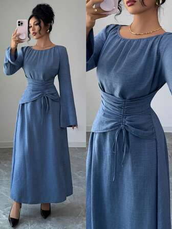 Women Long Sleeve Ruched Waist Flared A Line Dress With Round Neckline For Casual Style