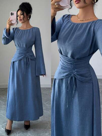 Vestido de otoño con efecto de mezclilla y cordón en la cintura, estilo Ins, vestido de mujer adecuado para vacaciones, ocasiones diarias y la celebración de Eid Al Adha en Oriente Medio