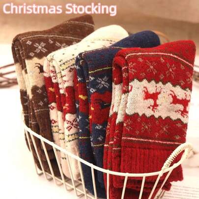 1 Pair Christmas Atmosphere Reindeer Print Thick Socks - Women's Mid-Calf Socks Cute Vintage Gold Reindeer Fleece Socks Thick Sleeping Socks, Ideal For Holiday Outfits