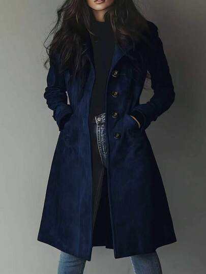 Women's Elegant Casual Vintage Navy Blue Suede Windbreaker Jacket, Spring/Autumn