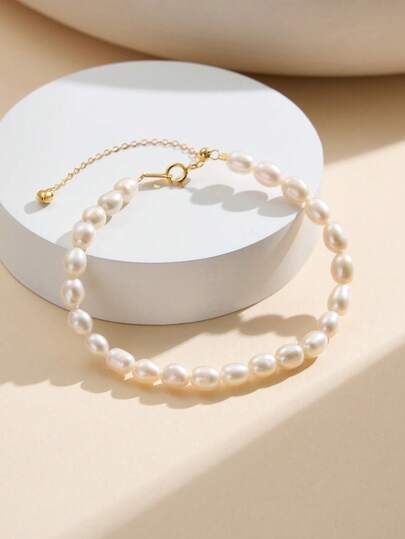 AETOLIA Braccialetto di perle d'acqua dolce naturali da 5-6 mm, in argento sterling S925/placcato in oro 14K, catena scorrevole regolabile, fatto a mano, minimalista ed elegante, regalo per le donne, accessorio da matrimonio