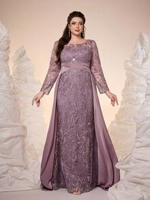 Mgiacy-Pop,,New Arrival,V-Neck, Embroidered Lace, Beaded Beads, Long Sleeves, Slit Starlight Satin Hem, Sequins, Evening Dress,FOR,Dinner Party - Dusty Pink - View 1