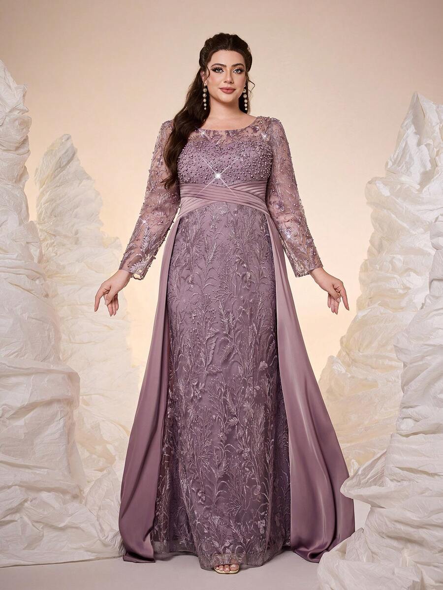 Mgiacy-Pop,,New Arrival,V-Neck, Embroidered Lace, Beaded Beads, Long Sleeves, Slit Starlight Satin Hem, Sequins, Evening Dress,FOR,Dinner Party - Dusty Pink - View 1