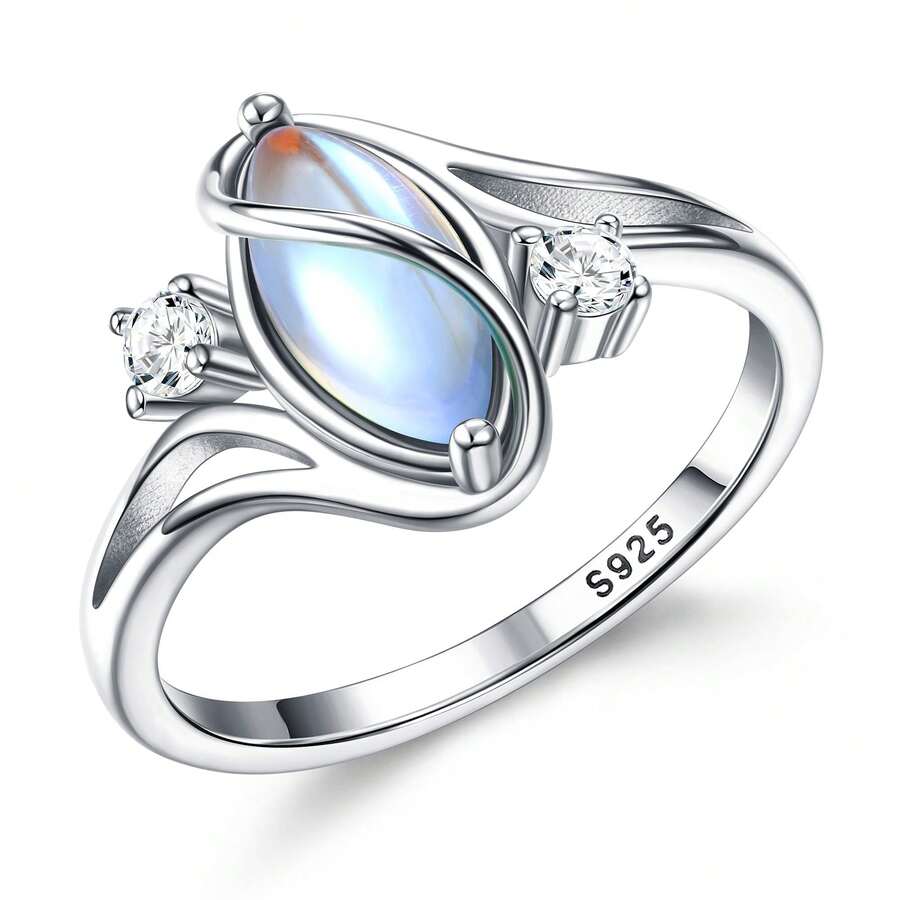 1pc 925 Sterling Silver 2.7g Moonstone Ring, Cubic Zirconia Accented Statement Ring For Women