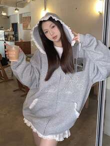 2024 Autumn Grey Lace Pearl Hooded Sweatshirt Jacket For Women, Loose Fit Flattering Design With Zipper