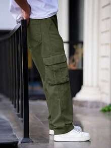 1pc Men Solid Color Multi-Pocket Casual Cargo Pants, Summer Beach Vacation Pants, Loose Fit Sportswear For Outdoor, Running, Hiking, Fitness, Loose Straight Leg Casual Pants For Daily Wear, Summer Street Fashion, Fall - xanh quân đội - Xem 4