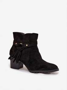 Women's Heeled Ankle Boots Made Of Synthetic-Suede With Fringe, Perfect For Autumn And Winter Beige Brown Black - Black - View 3