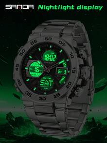 SANDA. Reloj deportivo SANDA 6312 de acero inoxidable nuevo, con pantalla dual, movimiento dual, resistente al agua 5ATM, reloj electrónico multifunción para hombres - Plateado - Ver 7
