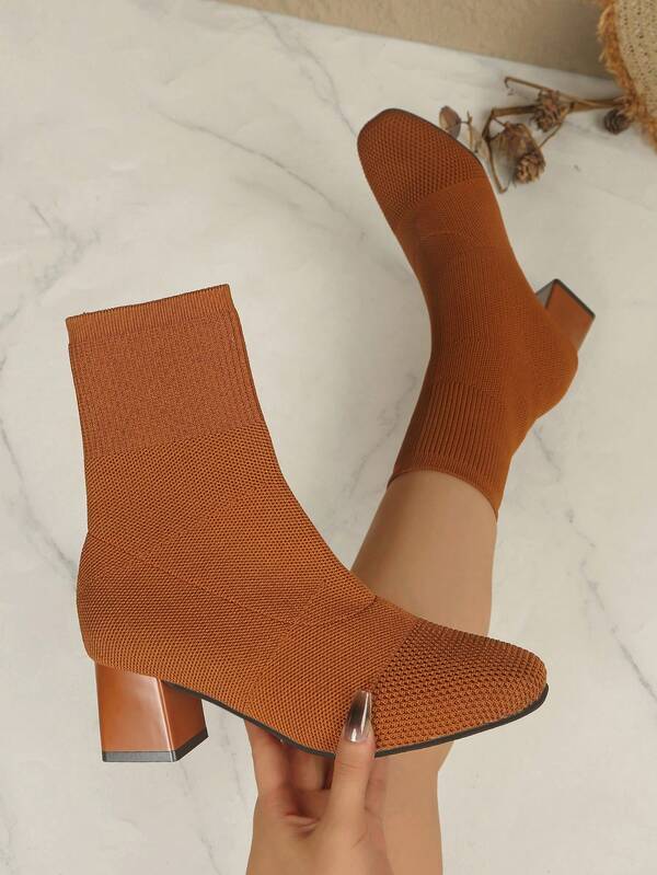 2025 Autumn/Winter New Square Toe Mid-Calf Brown High Heel Chunky Heel Elastic Boots For Women