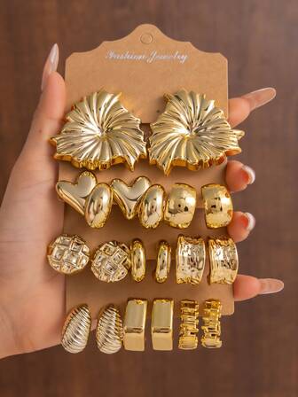1-10 Pairs Oversized & Mini Gold Tone Personalized Earring Set: Hoop, Stud, Dangle Styles (Includes Heart & Textured Details) Suitable For Autumn/Winter Parties, Dates, Street Wear