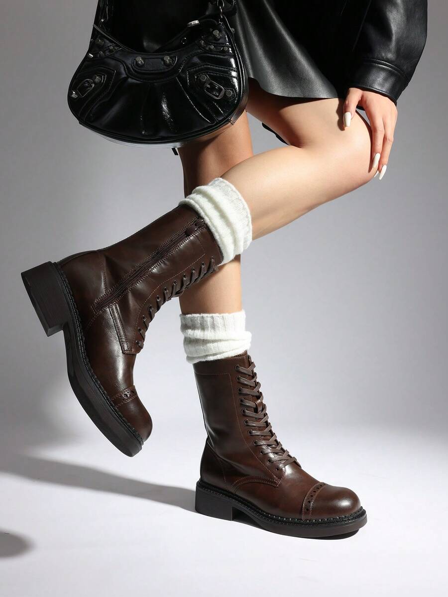 DREAM PAIRS Women's Mid-Calf Boots Fashion Motorcycle Boots Square Toe Lace-Up Riding Chocolate Brown Boots - 巧克力棕 - 查看 1