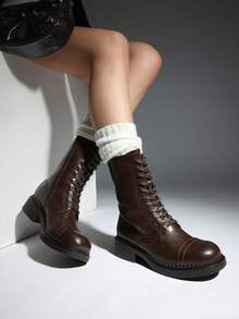 DREAM PAIRS Women's Mid-Calf Boots Fashion Motorcycle Boots Square Toe Lace-Up Riding Chocolate Brown Boots - 巧克力棕 - 查看 6