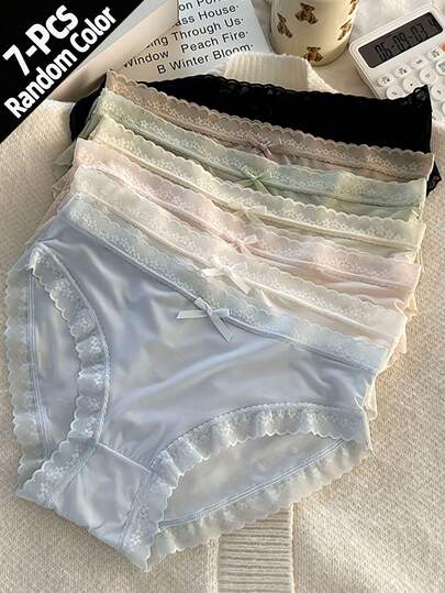 Pacote com 7 peças de calcinhas sem costura com acabamento em renda sortidas, roupa íntima elegante e confortável para adolescentes