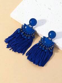 1pair New Fashion Personalized Simple Metal Tassel Earrings For Women - Royal Blue - View 2