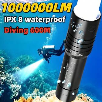 LED专业防水潜水手电筒强光水下照明家用户外应急照明远光手电筒防水等级IPX8铝合金材质，可深潜100米，适用于水下作业、探险、海滩拾贝等
