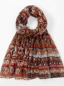1pc Rhombus Pattern Casual Polyester Balinese Chiffon Retro Printed Scarf, Colorful Geometric Design, Autumn/Winter For Dress