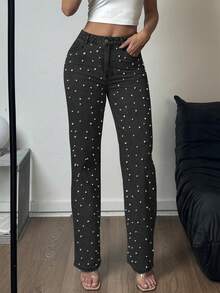 女式中腰直筒牛仔裤 - 珍珠装饰经典水洗牛仔裤 - 黑色 - 查看 1