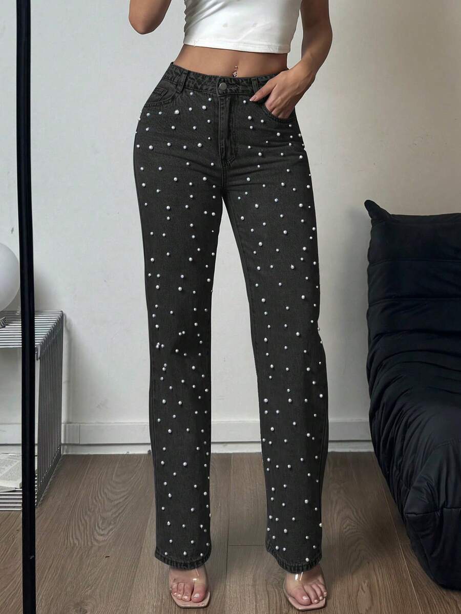 女式中腰直筒牛仔裤 - 珍珠装饰经典水洗牛仔裤 - 黑色 - 查看 1