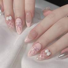 Nail Stickers Sweet Pink False Nails Bow Detachable Solid Color Ins Style Wearable Nails French Manicure - Multicolor - View 1