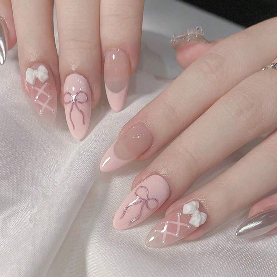 Nail Stickers Sweet Pink False Nails Bow Detachable Solid Color Ins Style Wearable Nails French Manicure - Multicolor - View 1