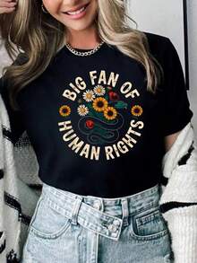 100% Cotton Big Fan Of Human Rights Tshirt Protest Femenist Womens T-Shirt Summer Tees Women - màu đen - Xem 1