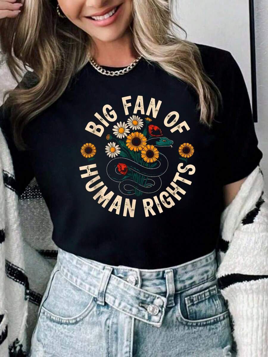 100% Cotton Big Fan Of Human Rights Tshirt Protest Femenist Womens T-Shirt Summer Tees Women - màu đen - Xem 1