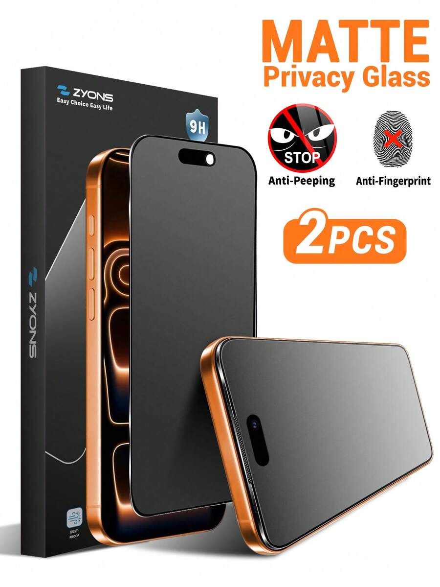 ZYONS 2pcs Matte Privacy Screen Protector, Tempered Glass Screen Protector, Phone Case Friendly, Full Screen Anti-Fingerprint, Waterproof, Anti-Scratch, Anti-Spy, Anti-Glare, Compatible With IPhone 16E 16 Pro Max 16 Pro 16 Plus 16 15 Pro Max 14 Pro Max 13 Mini 12 11 XS MAX XR 8 8Plus 7 Series - 2pcs - View 1